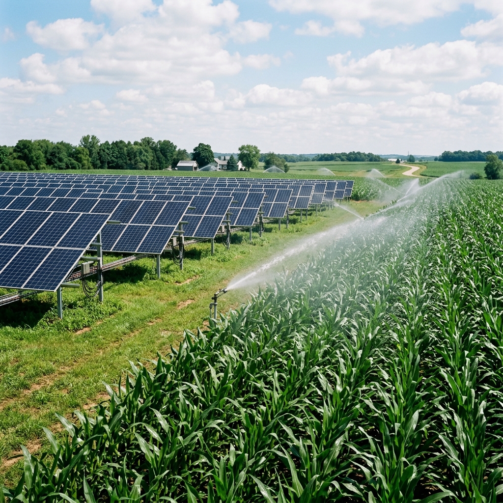 Tarlada kurulu güneş panelleri ve solar fıskiyeli yağmurlama sulama